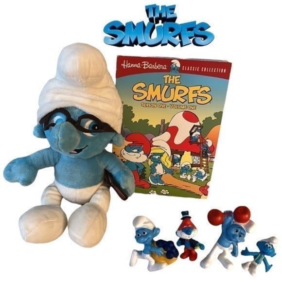 The Smurfs Lot Season 1 DVD - 4 Figurines & Plush Brainy Smurf Stuffed Animal - Picture 1 of 10